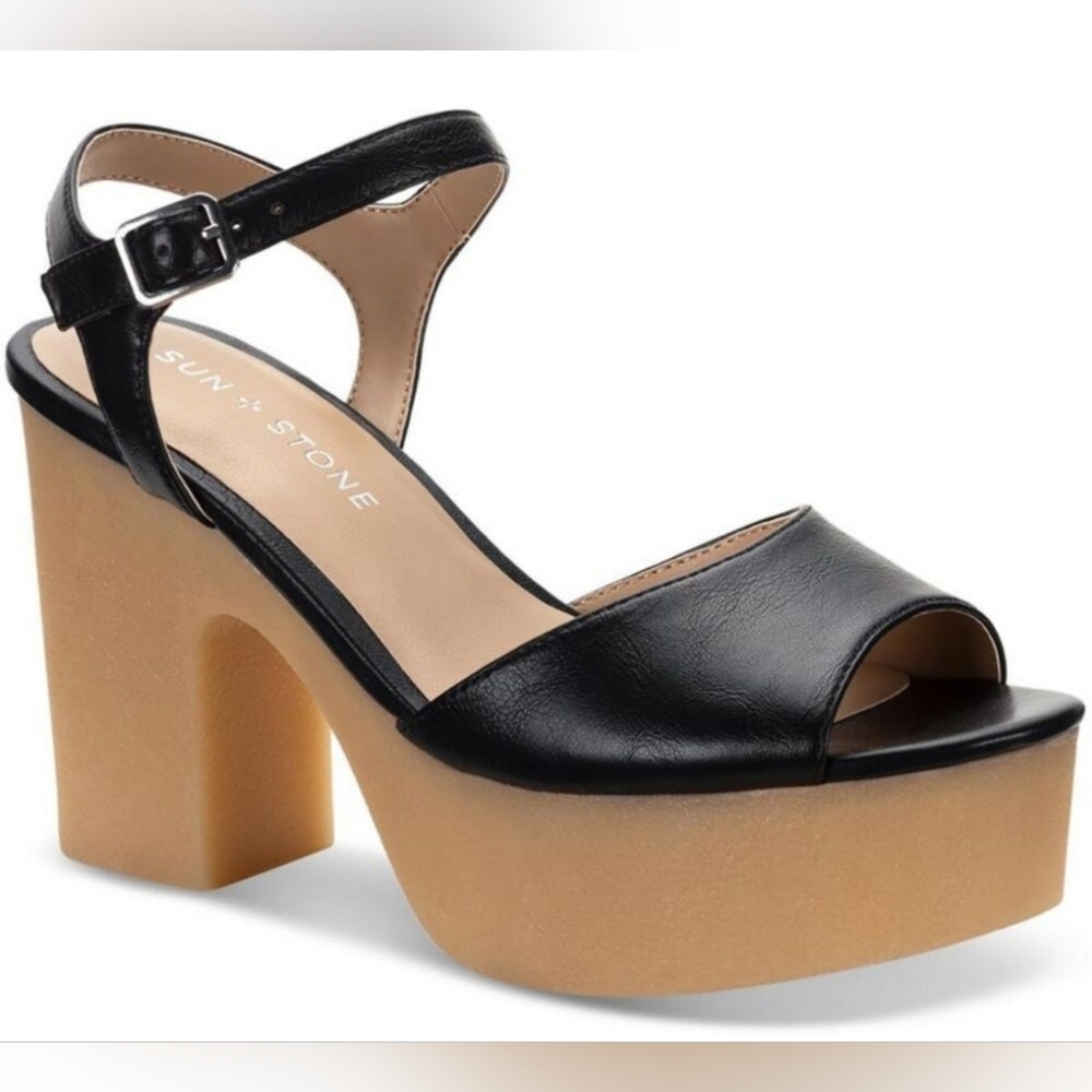 Sun + Stone Womens Gretaa Black Faux Leather Ankle Strap Block Heels NWT